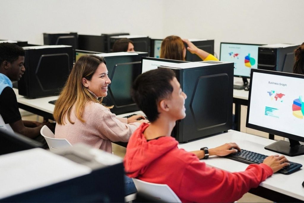 Students working on desktop computers in a UAE school lab with a business graph on screen
