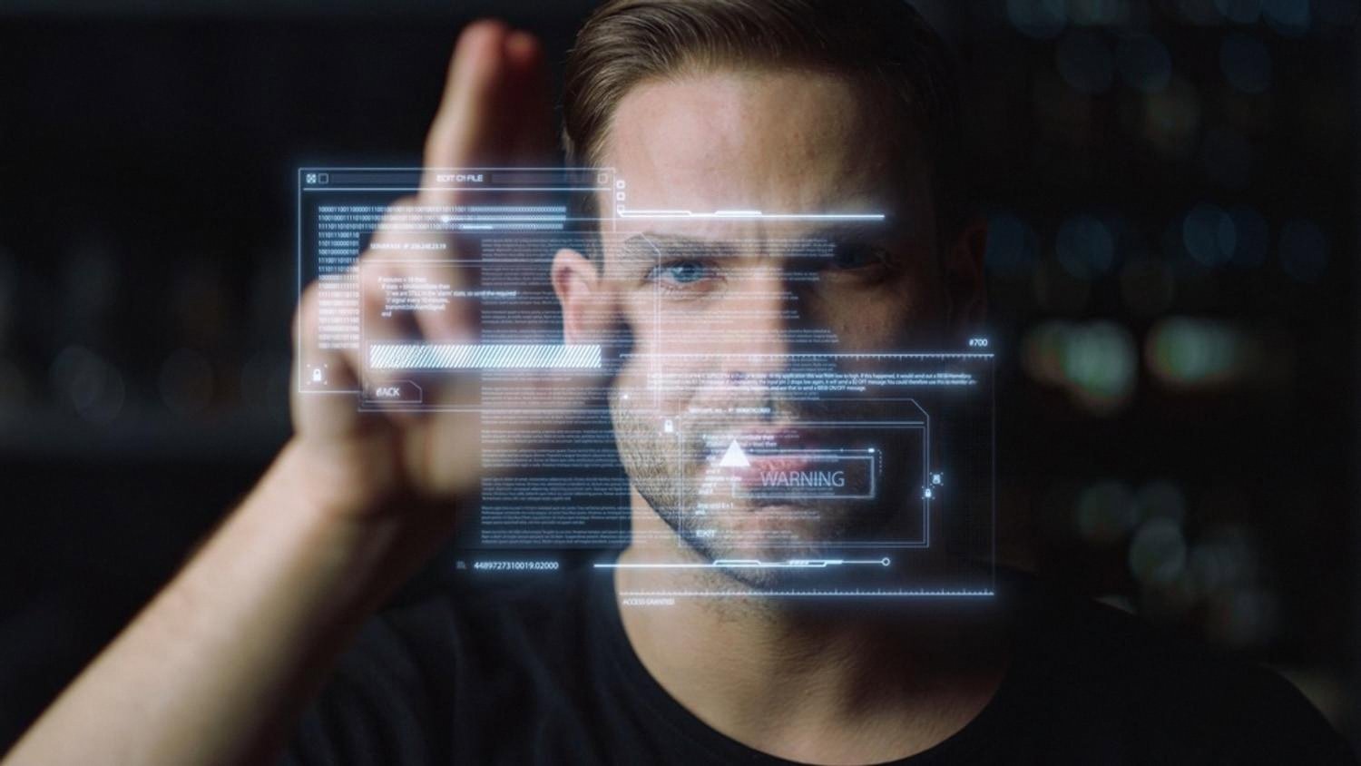 Analyst inspecting digital records and compliance warnings on a holographic interface